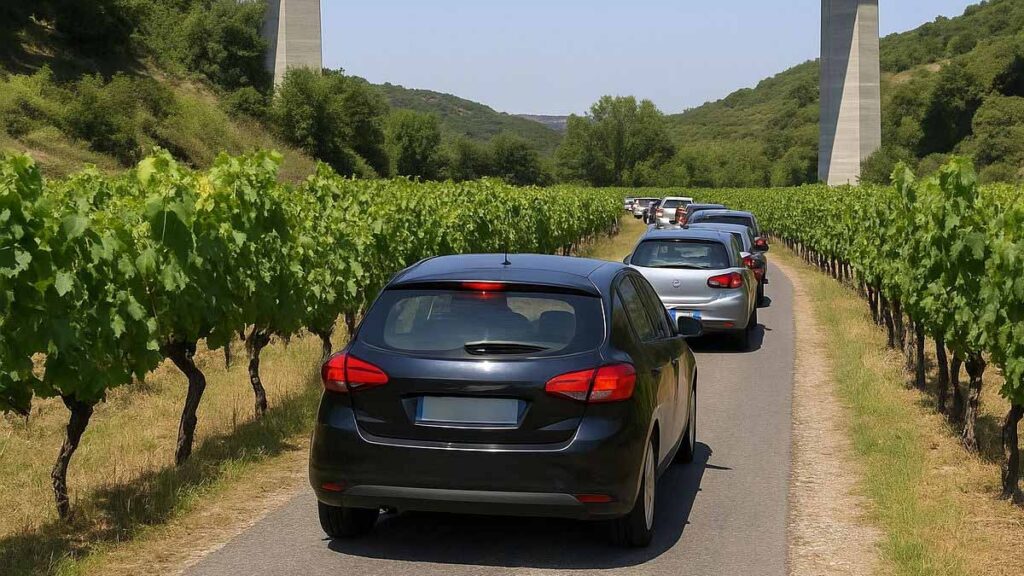 Coincés dans les bouchons sur l’autoroute, des dizaines d’automobilistes guidés par leur GPS empruntent des chemins de vigne
